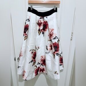 White House Black Market ivory floral A-line skirt red flowers
